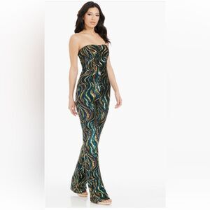 Dress the Population Andy Abstract Jumpsuit size XS Teal Multi